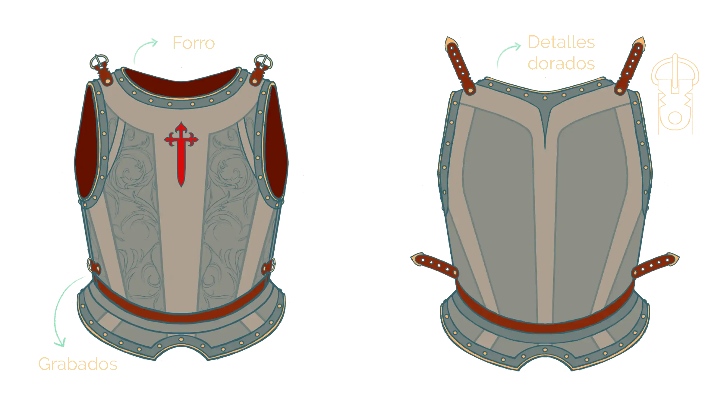 Ilustración que muestra la vista frontal y trasera de una armadura ornamentada de pecho y espalda del siglo XVI, diseñada para el personaje de Magallanes