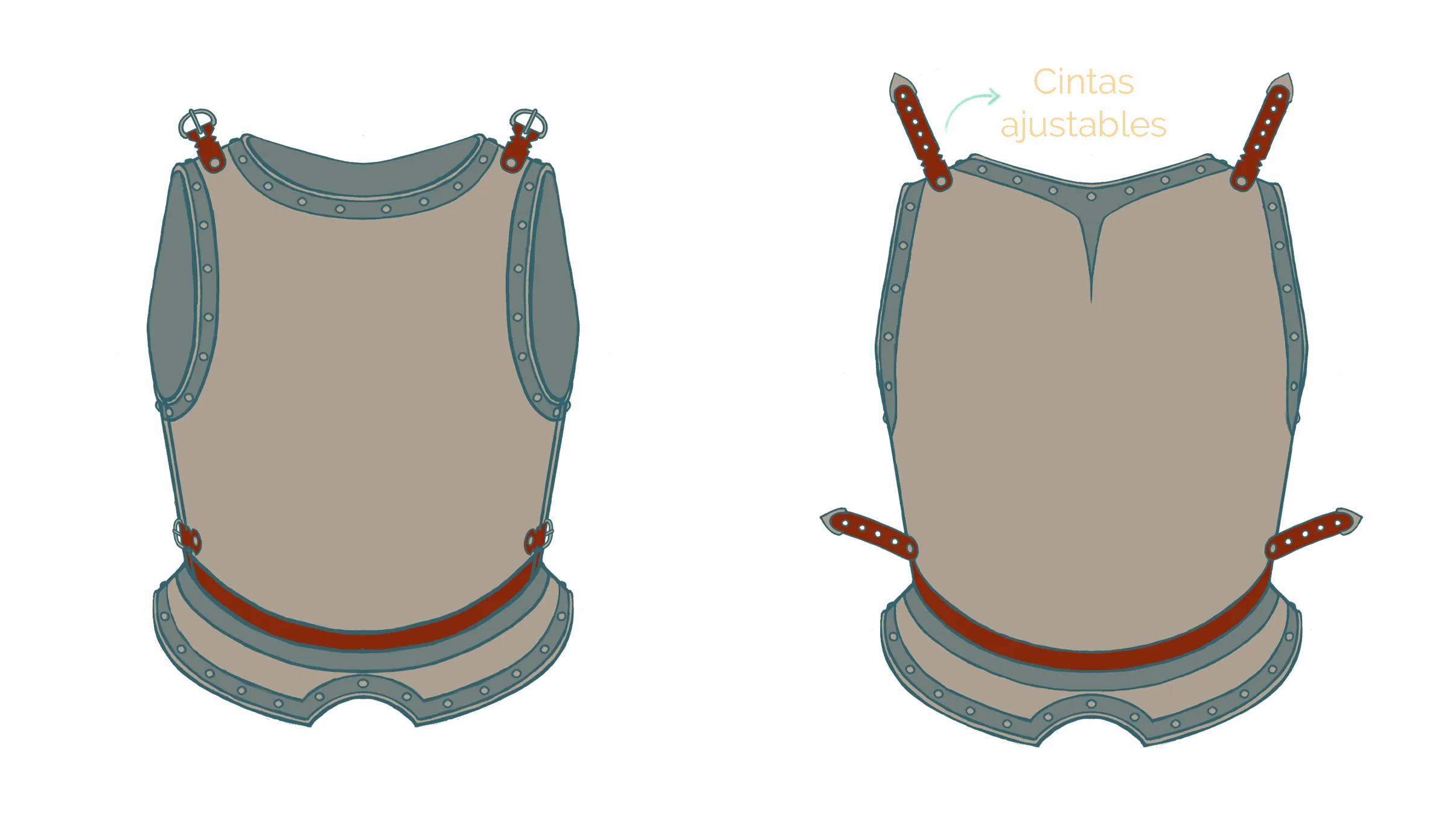 Ilustración que muestra la vista frontal y trasera del diseño de una armadura de pecho y espalda del siglo XVI.