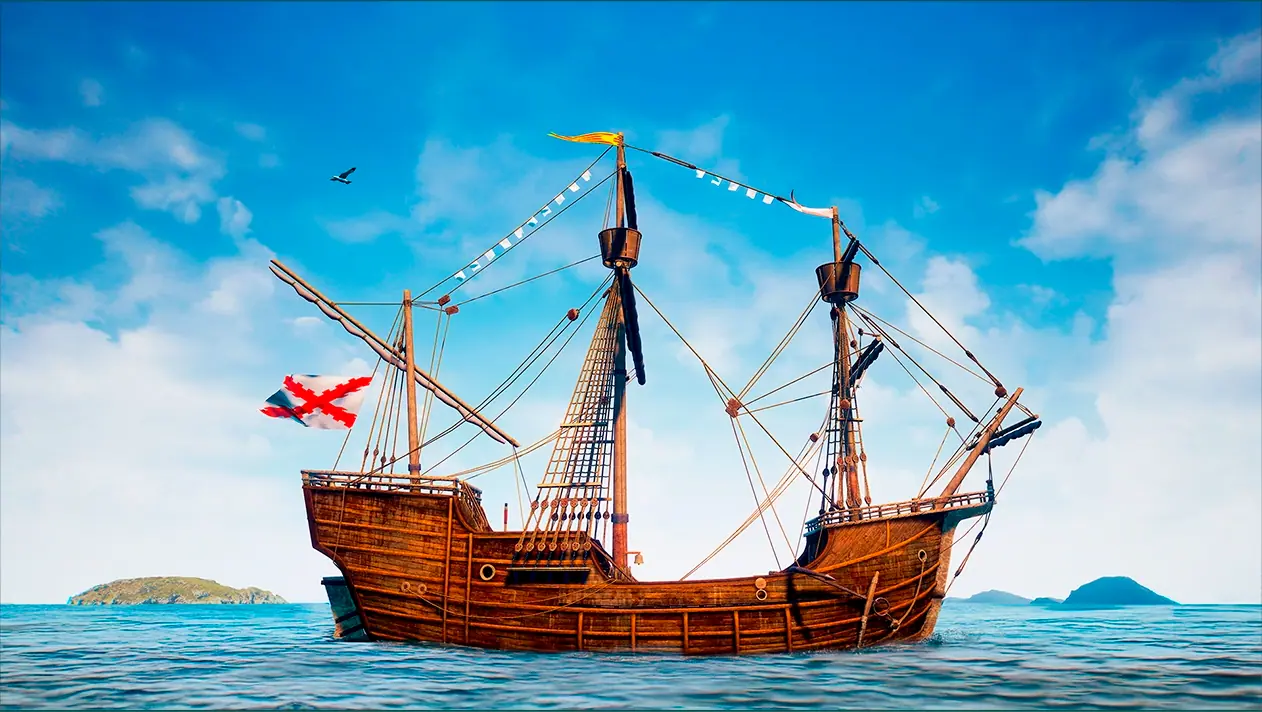 Vista de la Nao Victoria de perfil flotando en el mar en calma, de fondo se ven islas, y una gaviota en el cielo azul nuboso.