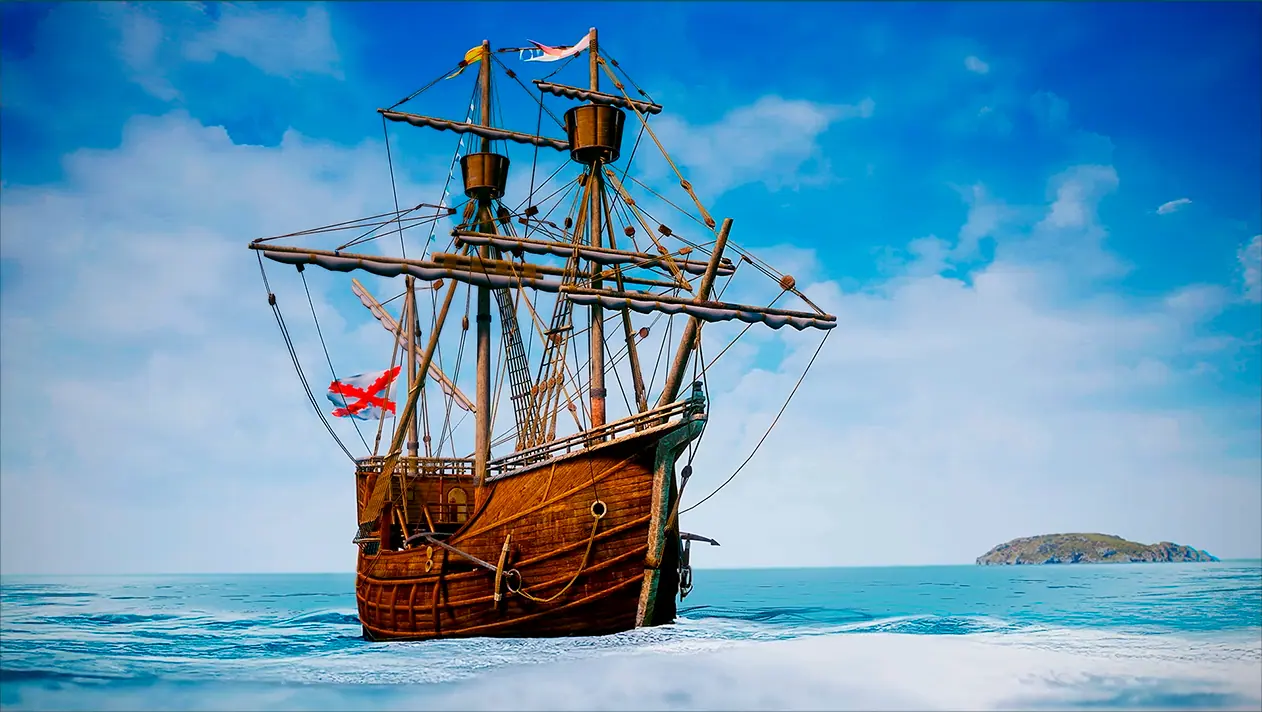Vista de la Nao Victoria flotando en el mar en calma, de fondo se ven una isla y el cielo azul.