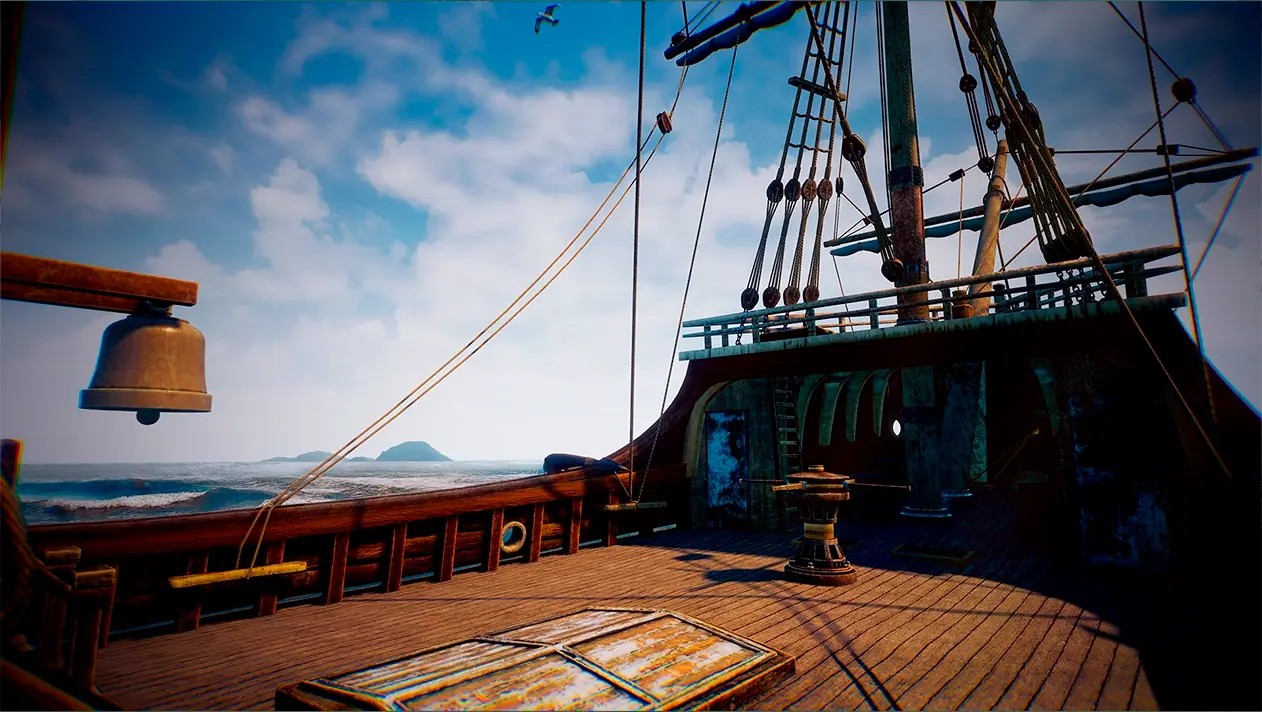 Imagen de la experiencia de realidad virtual, muestra la la cubierta de la Nao Victoria.